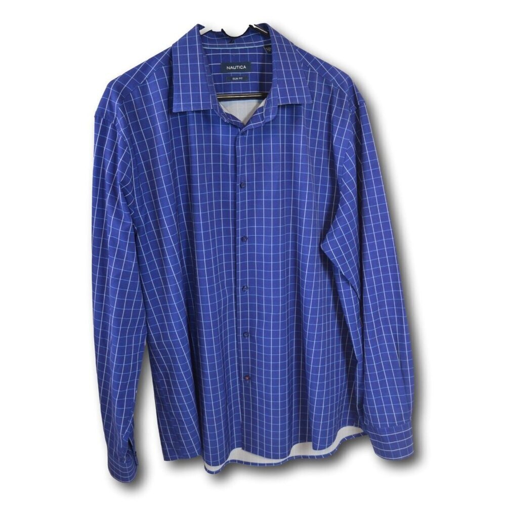Nautica Men's Slim Fit Long Sleeve Shirt Blue Windowpane Check Size: XL 17-17.5